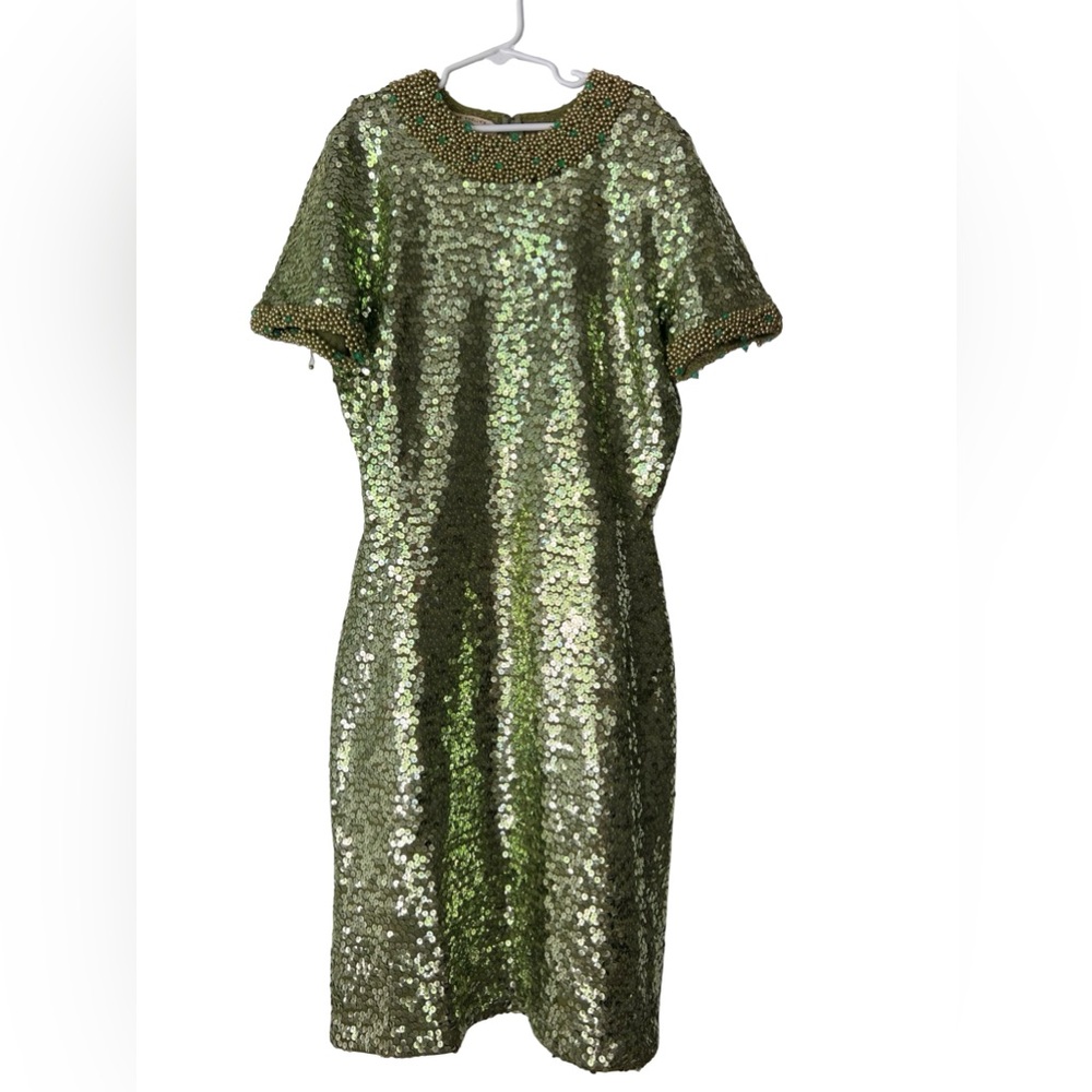 Vintage Gene Shelly’s Boutique Green Sequin Beaded Dress Sz 10 Wool Party Dress